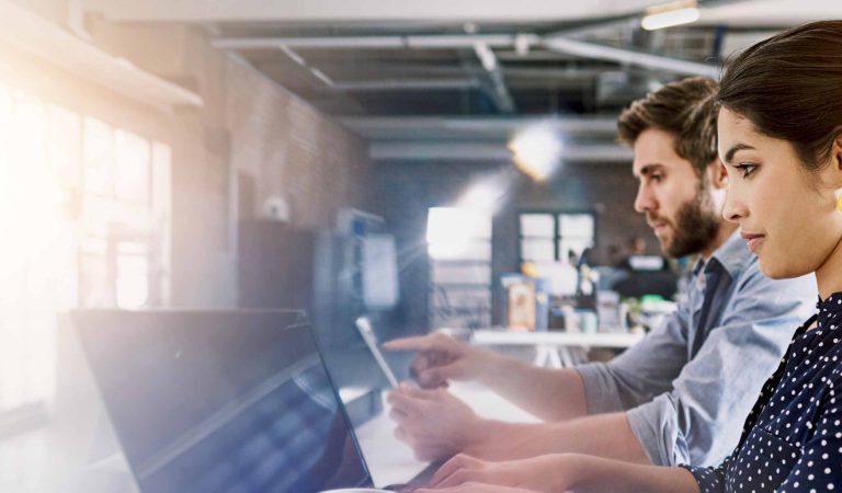 Banner, office and business people on laptop online for research, stock market and trading. Corporate, financial company and man and woman on computer for finance analysis, budget and investment.